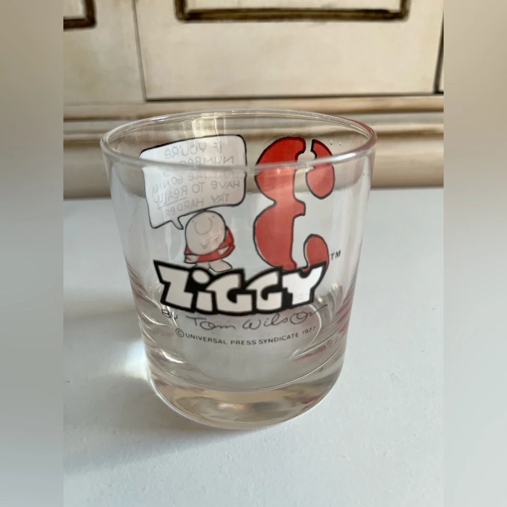 Vintage Ziggy Glass Printed Number 3 bar Lowball Drinking ‘77 Tom Wilson Rare